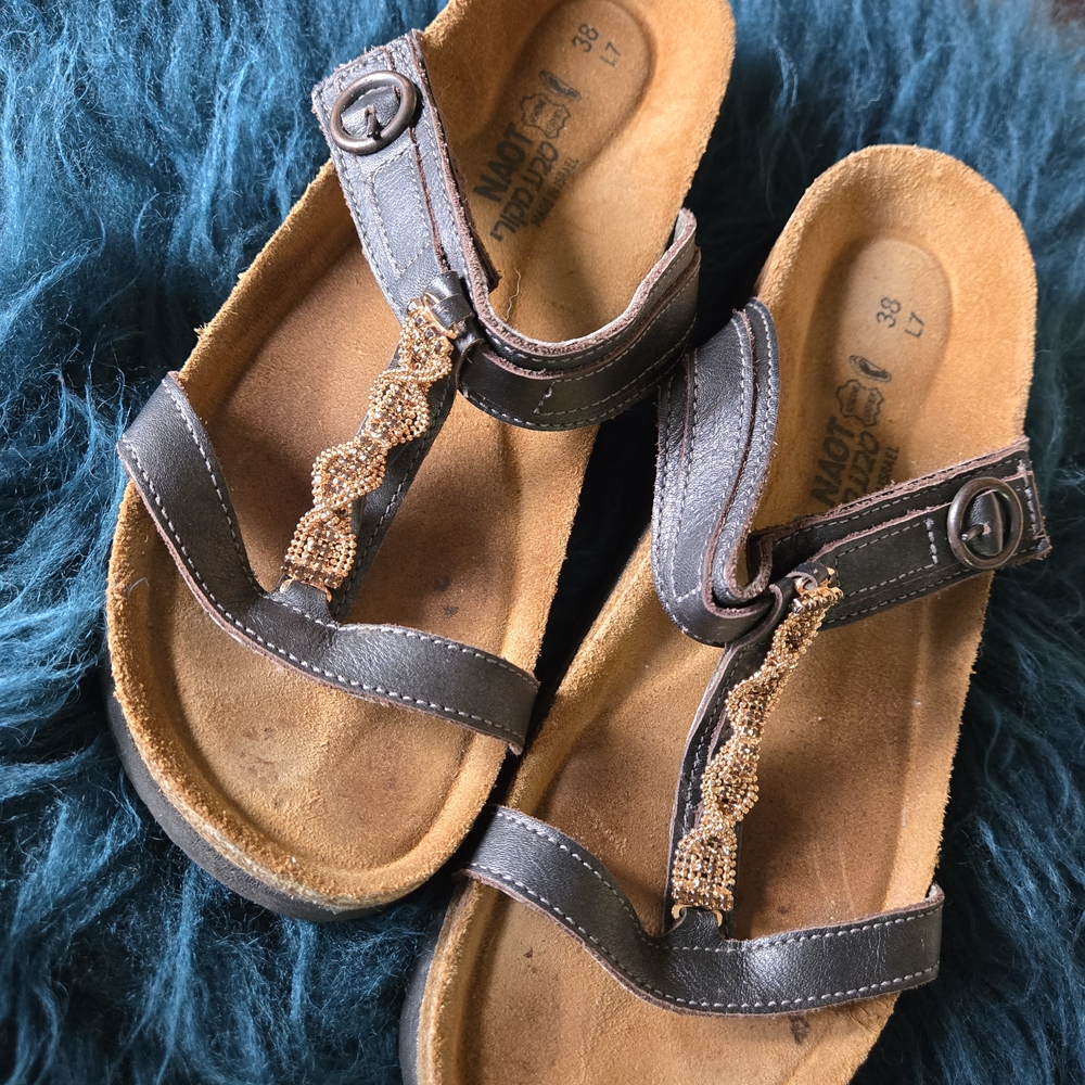 Naot Malibu Black Tan Beaded Slide Cork Sandals Eu Size 37 US Size 6.5 - 7